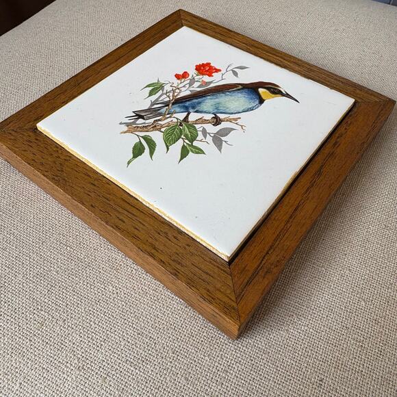 Vtg Ceramic Trivet Wall Hanging Tile Bird on Branch Wood Frame Square 5.5" - Picture 4 of 7